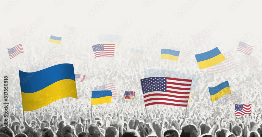 Φωτογραφία People waving flag of USA and Ukraine, symbolizing USA solidarity for Ukraine