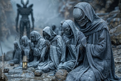 Hyperrealist Watercolour Portrait: Medieval Monks in Grey Robes Praying to Grey Alien on Misty Night with Battlecruiser Background. photo