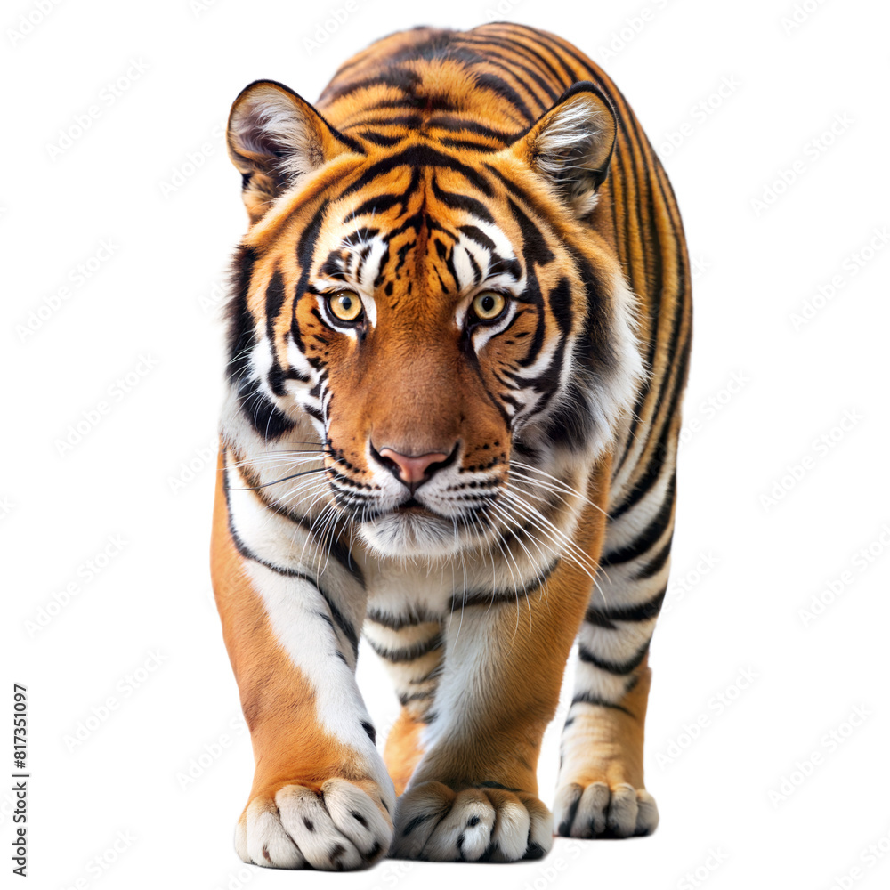 A tiger is walking on a transparent background