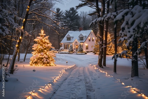 House adorned with festive lights amid snowy landscape and surrounding trees