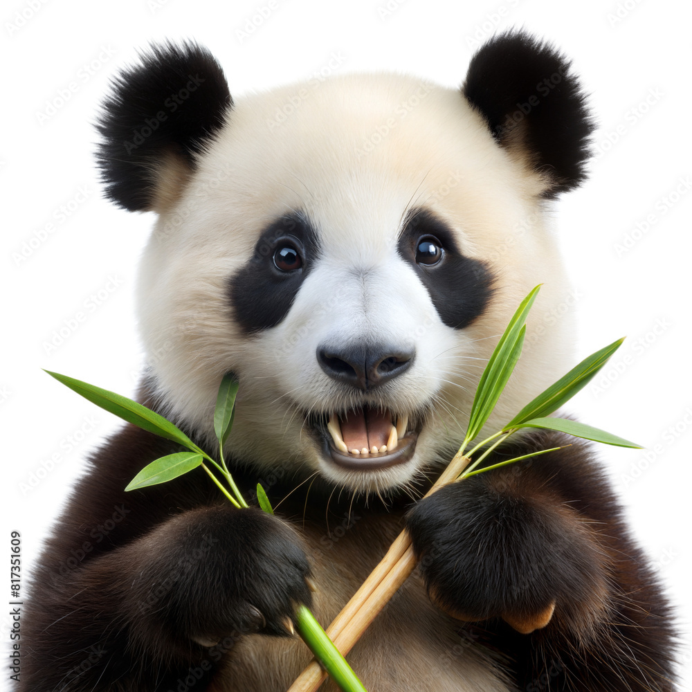 Naklejka premium A panda bear is holding a green bamboo stick in its mouth