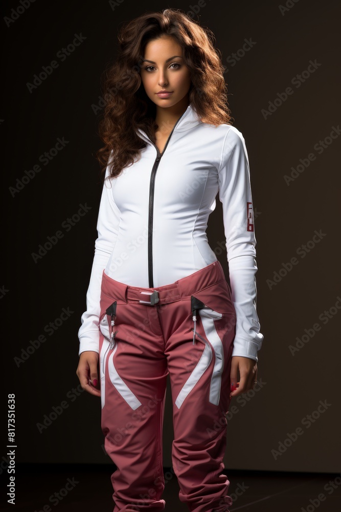 Fototapeta premium Elegant Sporty Woman in White Top and Red Pants