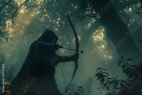Man in a hooded cloak with a bow and arrow in a woodland photo