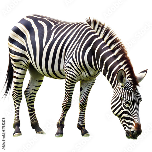 A zebra is eating grass in a field