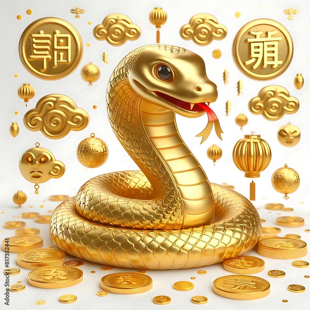 Fototapeta premium 3d chinese happy gold snake with happy face, lunar new year theme, white background