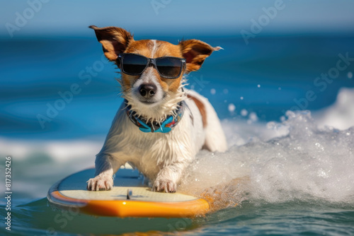 A dog, wearing sunglasses, standing on a surfboard in the ocean