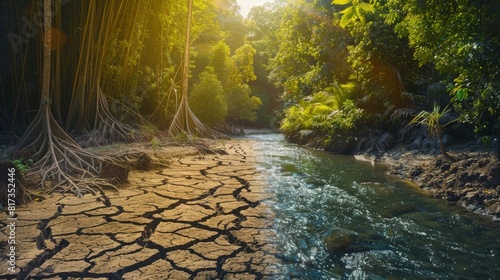 A dry riverbed with no water, and a flowing river with clean water and lush vegetation.