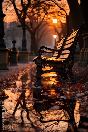 Tranquil Reflections in Park Bench Puddle