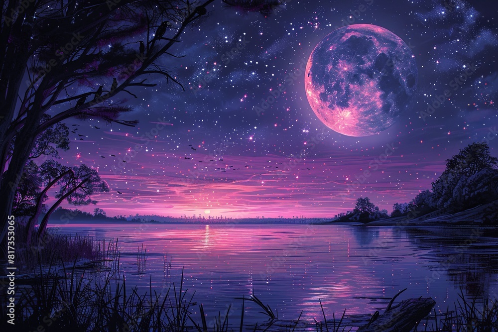 Neon Pink Lake with Parrots Beneath Starry Skies Neon Pink Lake with Parrots Beneath Starry Skies