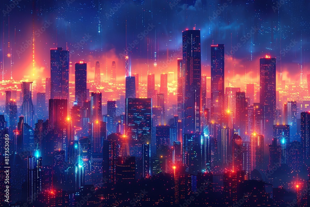 Neon Robotic Dreamscapes: Vibrant City with Futuristic Details