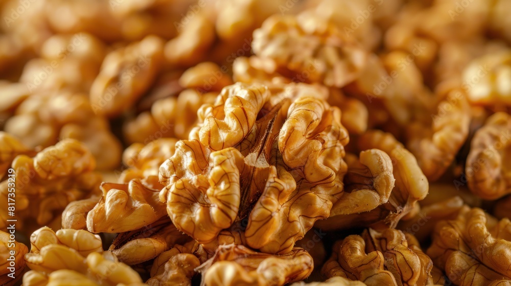 A full frame top view of a surface containing a bunch of fresh, uncooked, brown, crispy walnuts A full frame top view of a surface containing a bunch of fresh, uncooked, brown, crispy walnuts