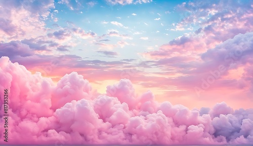  Beautiful cloudscape with blue sky and pink clouds  Pink clouds in the sky stage fluffy cotton candy  summer paradise dreamy concept. 