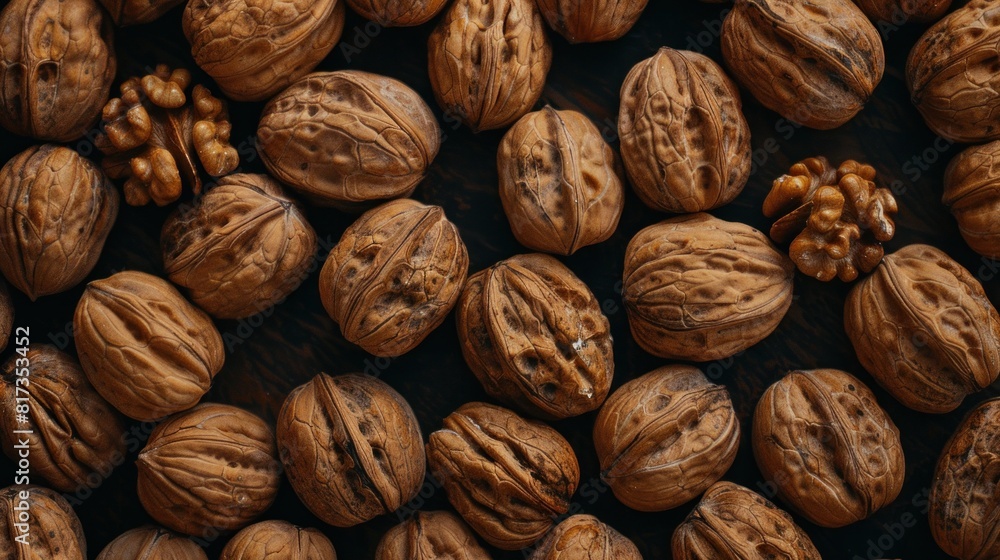 A full frame top view of a surface containing a bunch of fresh, uncooked, brown, crispy walnuts A full frame top view of a surface containing a bunch of fresh, uncooked, brown, crispy walnuts