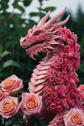 A pink dragon made out of pink roses. 
