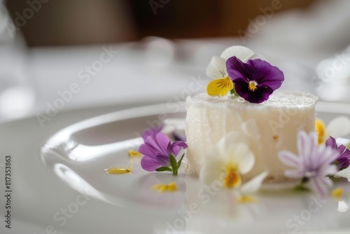 Small white cake on a white plate. The cake is decorated with colorful frosting flowers and a single red fruit with small edible flower on the plate with cake sits on is plain white and round. AIG42.