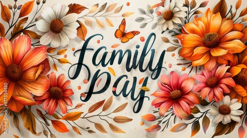 decorative calligraphy, written in elegant calligraphy, family day is adorned with delicate daisies and warm hues, creating a charming display photo