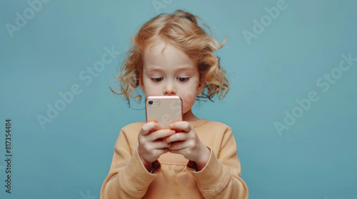 Young child engrossed in smartphone technology on blue background