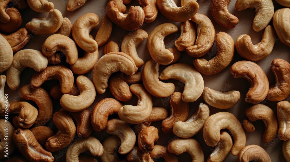 A large quantity of delicious raw cashews are arranged on a smooth tabletop in full frame top view A large quantity of delicious raw cashews are arranged on a smooth tabletop in full frame top view