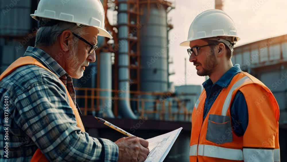 Construction workers, engineer hand hold drawing on power plant on background Construction workers, engineer hand hold drawing on power plant on background