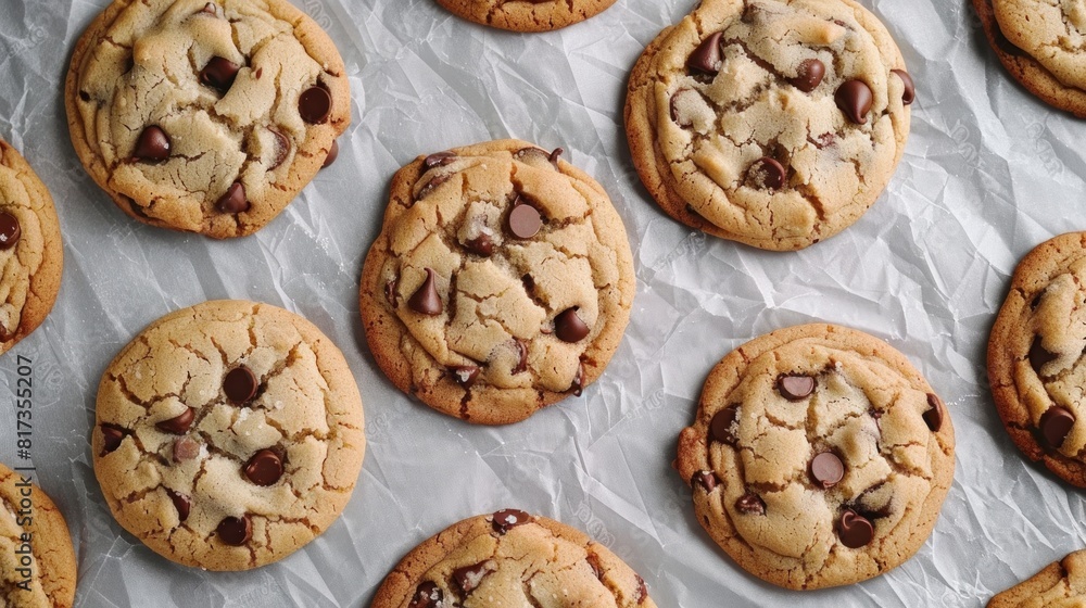 a sheet of paper with baked chocolate chip cookies from above a sheet of paper with baked chocolate chip cookies from above