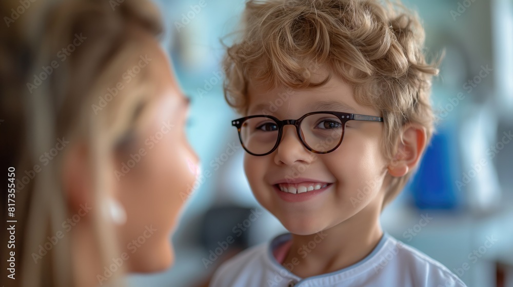 Cute little boy picking up glasses in ophthalmologist's office Cute little boy picking up glasses in ophthalmologist's office