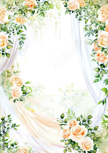 romantic wedding arch frame with roses and curtain in sweet colors watercolor card template