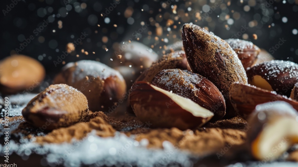 Delicious raw Brazil nuts in full frame closeup with sugar powder strewn around the surface Delicious raw Brazil nuts in full frame closeup with sugar powder strewn around the surface