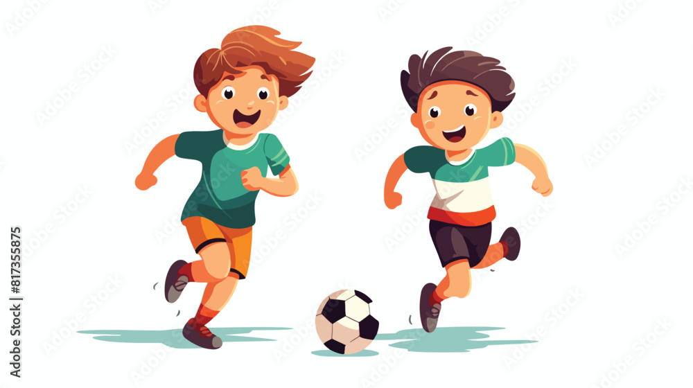 Two kids boys playing football together flat vector