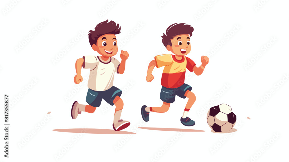 Two kids boys playing football together flat vector