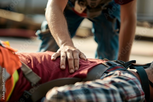 A first responder is depicted performing cardiopulmonary resuscitation (CPR) on an individual lying down, showcasing an emergency medical procedure photo