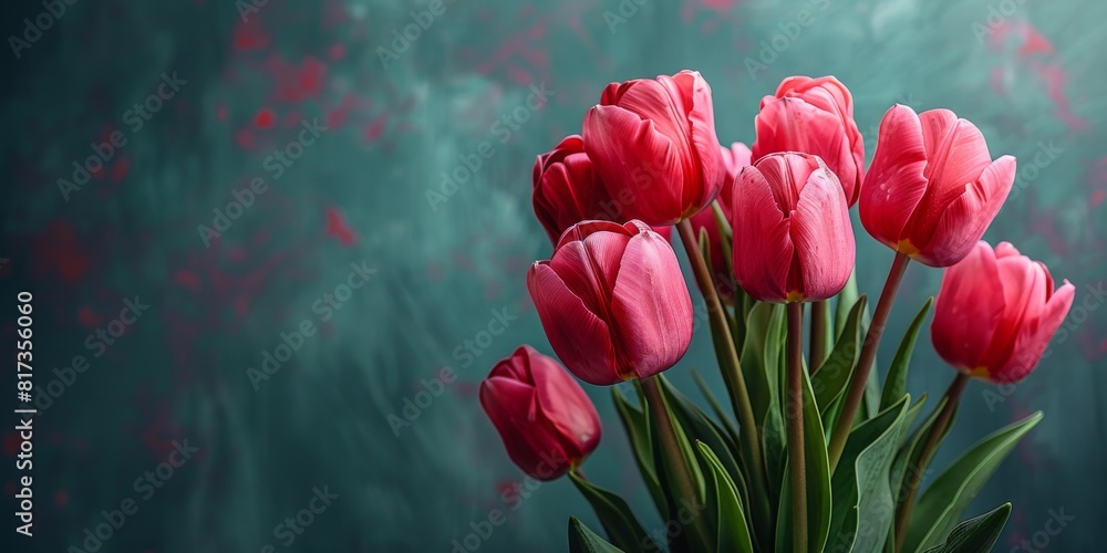 Blooming red tulips on vibrant teal background with pink petals Blooming red tulips on vibrant teal background with pink petals