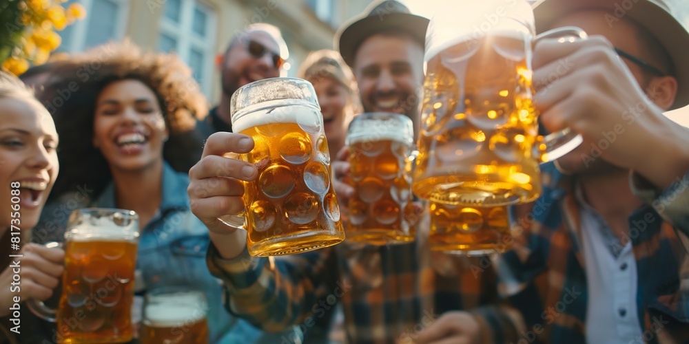 Group of friends clinking beer glasses together at an outdoor party