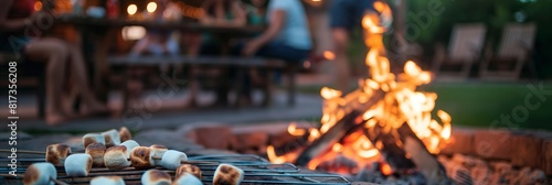 Marshmallows on sticks are toasting over an open flame with people gathered in the blurry background