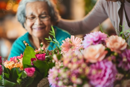 Close-up of elderly woman's hands receiving a floral bouquet
