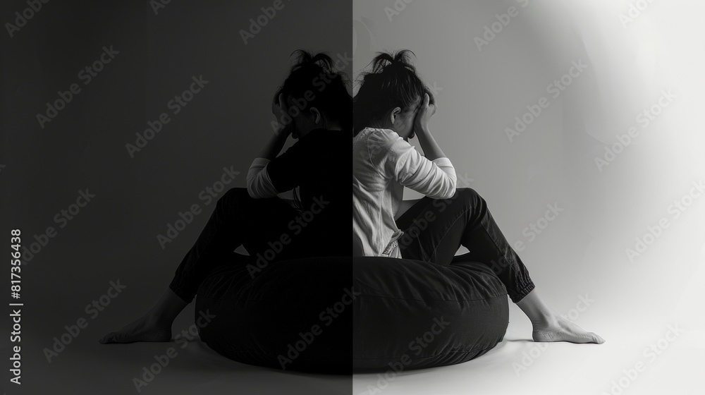 Artistic black and white composite of a sketched figure mirroring a real persons somber pose Artistic black and white composite of a sketched figure mirroring a real persons somber pose