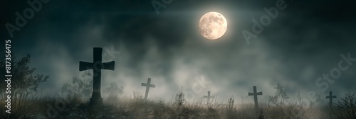A spooky scene of crosses in a graveyard under a full moon with eerie fog surrounding the area