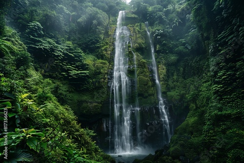 A multi-tier majestic waterfall cascades down surrounded by the dense foliage of a tropical rainforest  epitomizing natural beauty