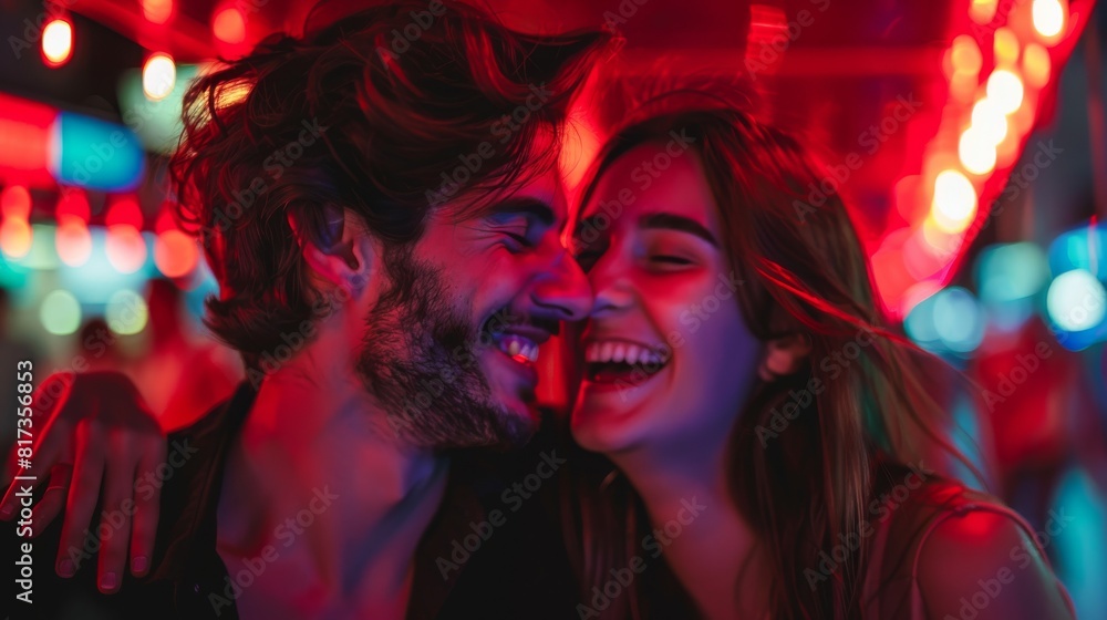 A joyful couple is shown up-close, laughing and enjoying each other's company amidst vibrant neon lighting