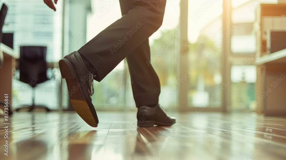 A man dressed in a formal suit is walking confidently across a polished wooden floor A man dressed in a formal suit is walking confidently across a polished wooden floor