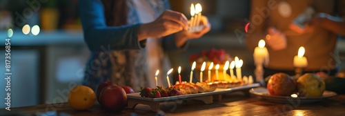 An intimate Hanukkah celebration at home with people lighting menorah candles and traditional food on the table photo