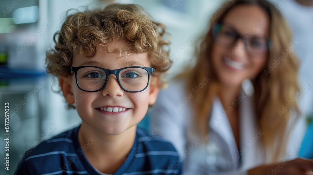 Cute little boy picking up glasses in ophthalmologist's office Cute little boy picking up glasses in ophthalmologist's office