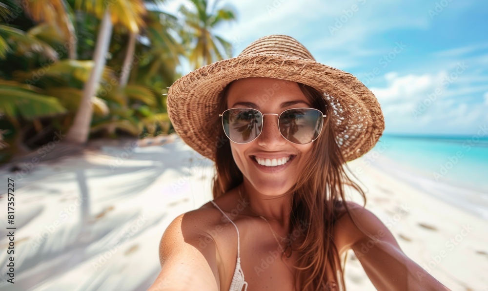 Beautiful young woman is taking selfie resting on white sand beach