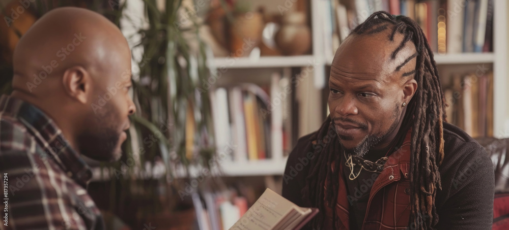 A man with dreadlocks is engaged in conversation with another man who also sports dreadlocks, creating a scene of communication and discussion between the two individuals A man with dreadlocks is engaged in conversation with another man who also sports dreadlocks, creating a scene of communication and discussion between the two individuals