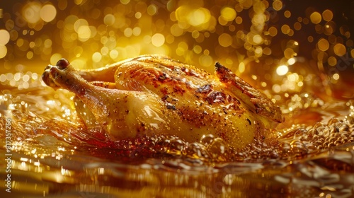 Roasted chicken in a golden oil for food or restaurant design