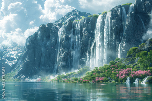 A majestic fjord landscape carved by ancient glaciers  with towering cliffs and cascading waterfalls. Concept of Nordic wilderness and dramatic scenery. Generative Ai.