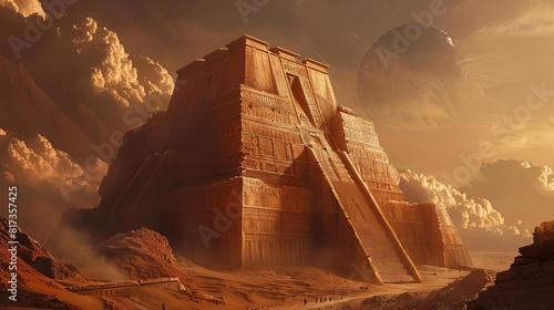 Babylonian Empire reborn on Mars, ancient ziggurats amid red Martian hills, blending history with space exploration photo