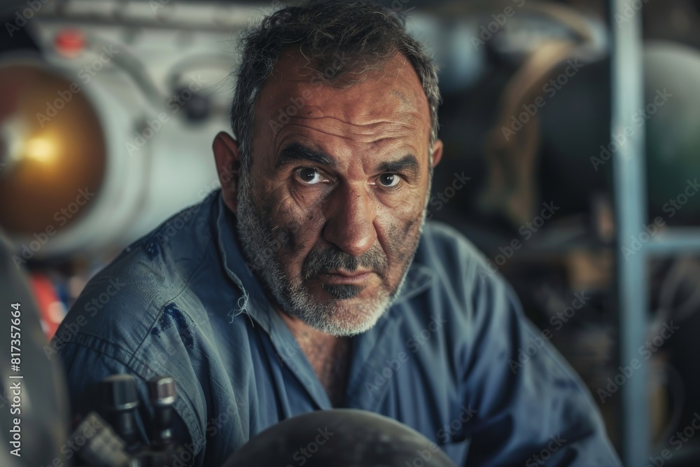 Middle-aged mechanic with a thoughtful look in a workshop setting Middle-aged mechanic with a thoughtful look in a workshop setting