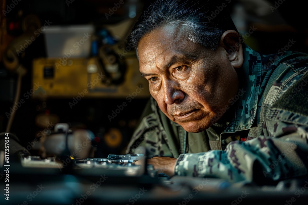 An intense close-up shows a soldier focusing on servicing or repairing a piece of machinery or equipment An intense close-up shows a soldier focusing on servicing or repairing a piece of machinery or equipment