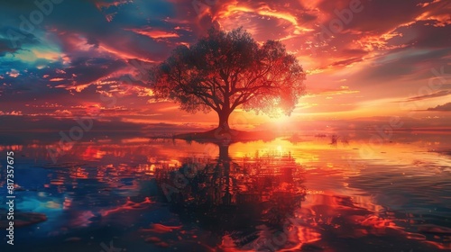 Emotional sunset over the Tree of Life  vivid and intense colors reflecting in the ocean  serene and inspiring