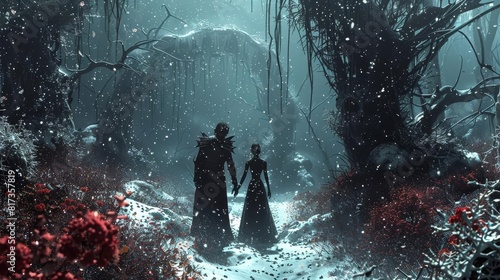 Fairy and vampire attending a secret society ball in a snow-covered kelp forest, mysterious and enchantingly lit photo